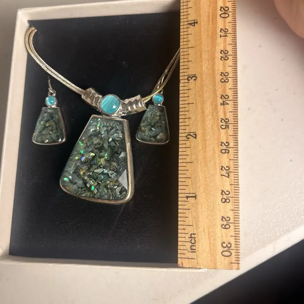 Faux Abalone Mosaic Turquoise Necklace Earring Set Silver Tone Western Costume